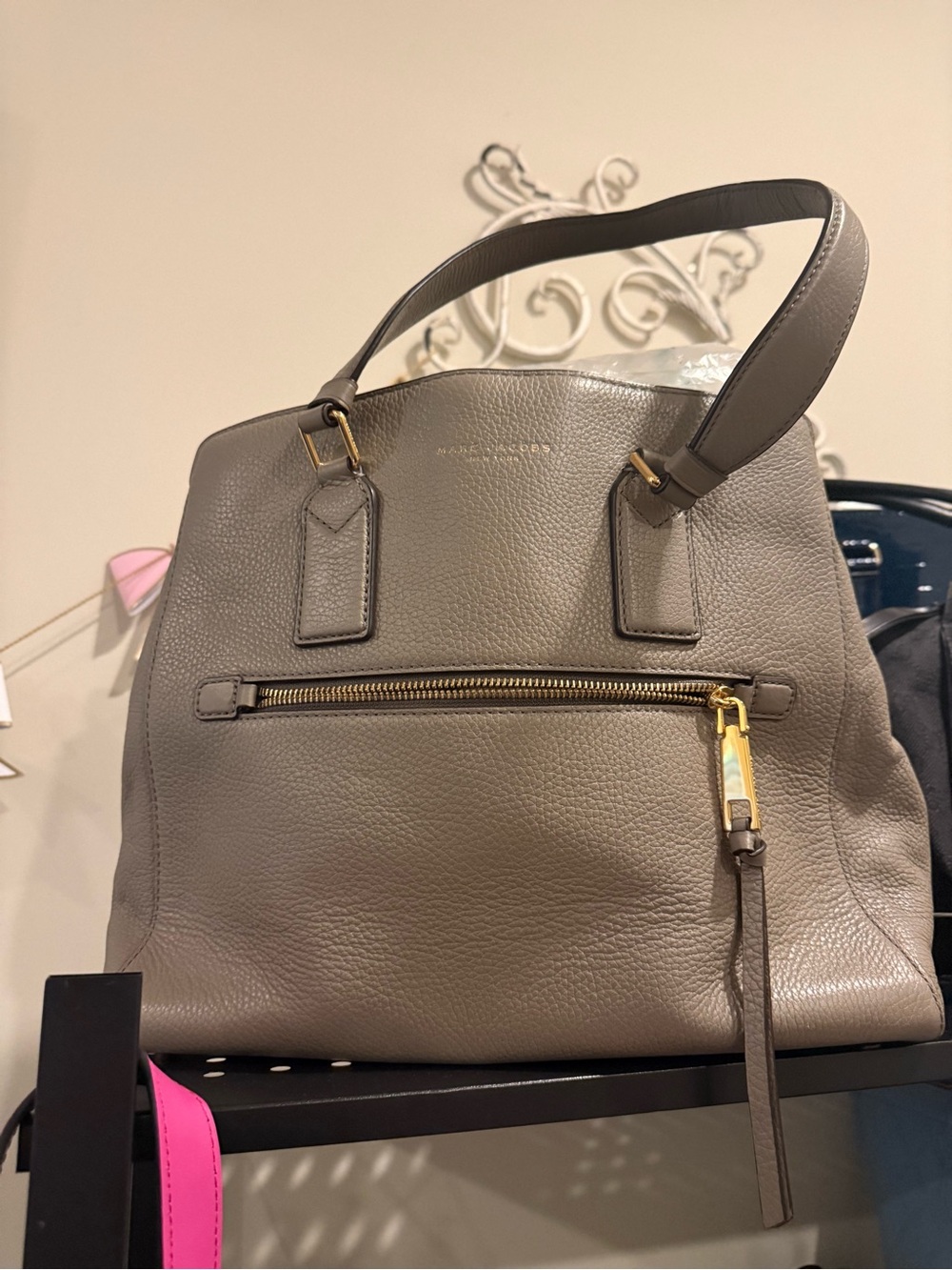 Marc Jacobs Taupe Gray Pebbled Leather Shoulder Bag with Gold Hardware
